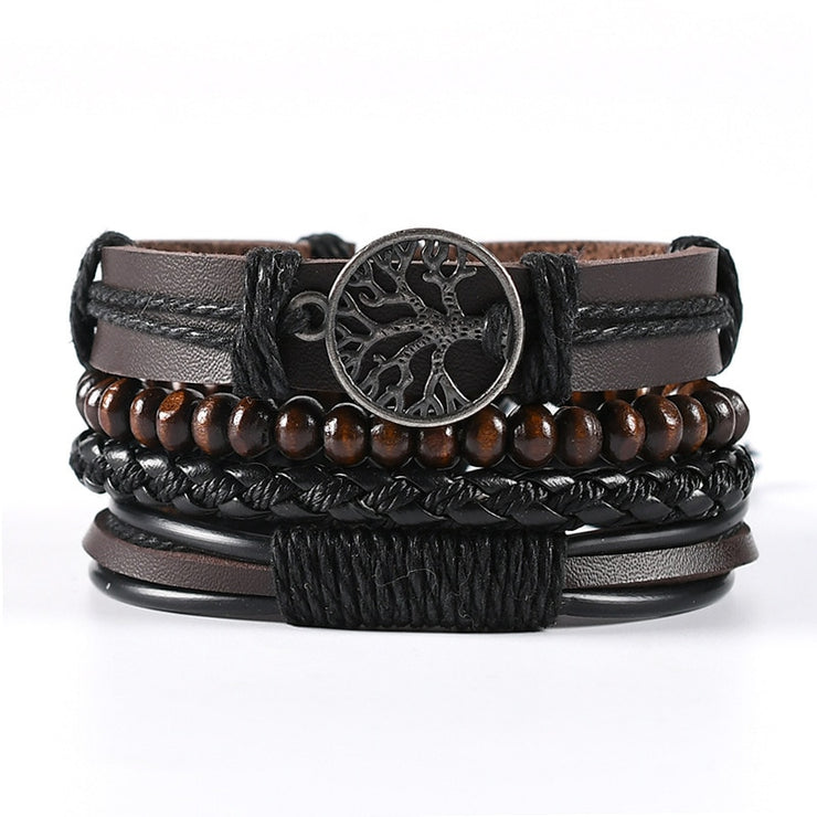 4Pcs/ Set Braided Wrap Leather Bracelets for Men Vintage Life Tree Rudder