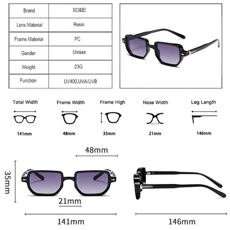 Retro Rectangle Rivets Men Punk Gradient Sunglasses Shades UV400 Fashion