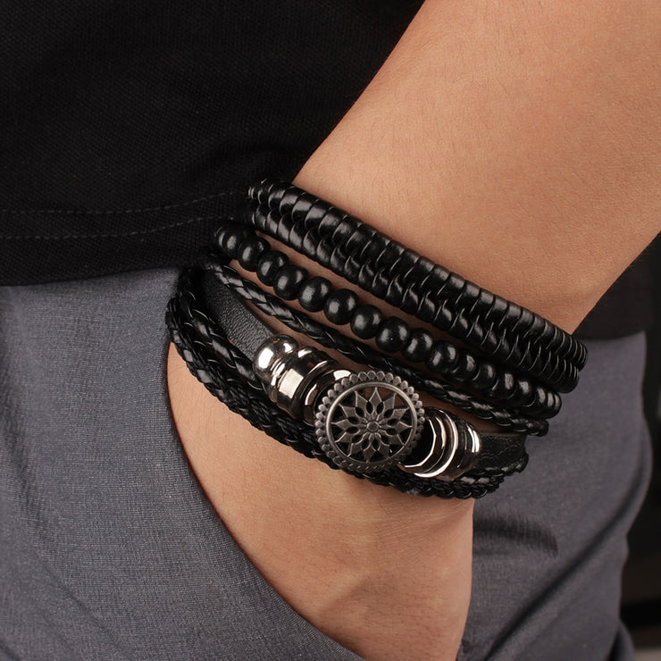 4Pcs/ Set Braided Wrap Leather Bracelets for Men Vintage Life Tree Rudder